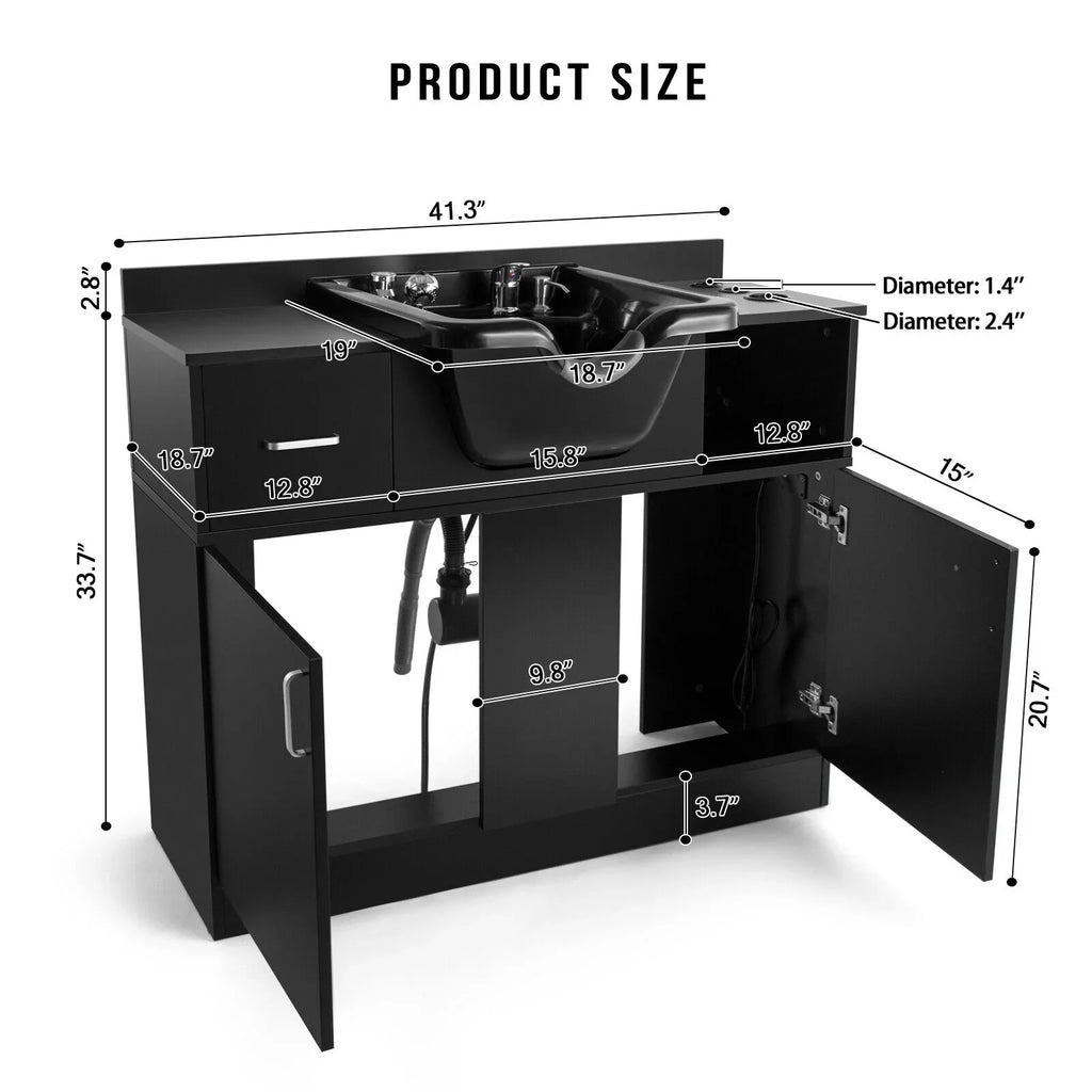 Artist hand Backwash Sink Shampoo Station Hair Salon Beauty with ,Hair Dryer Holes, Trap,Drawer(Black)