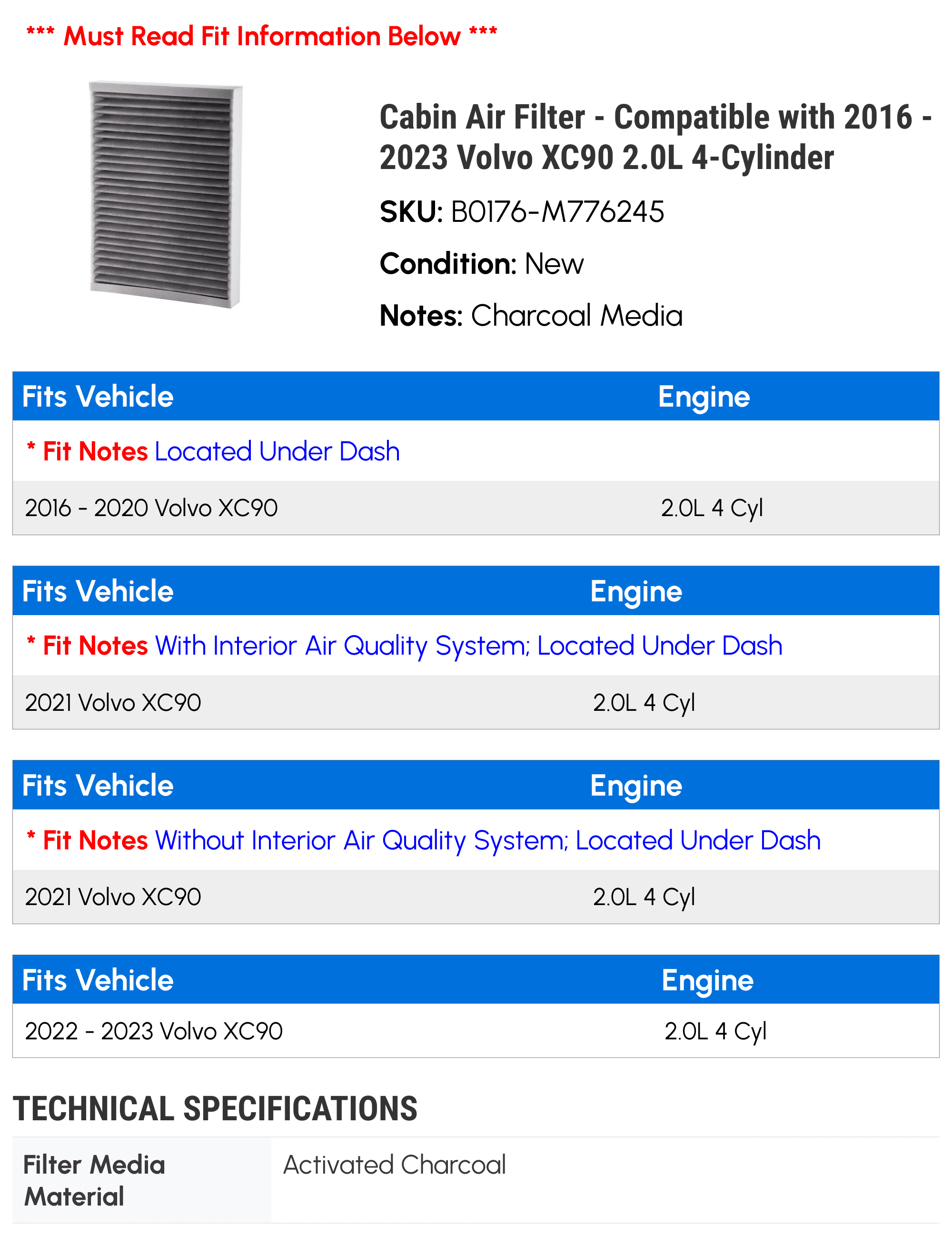 Cabin Air Filter - Compatible with 2016 - 2023 Volvo  2.0L 4-Cylinder 2017 2018 2019 2020 2021 2022