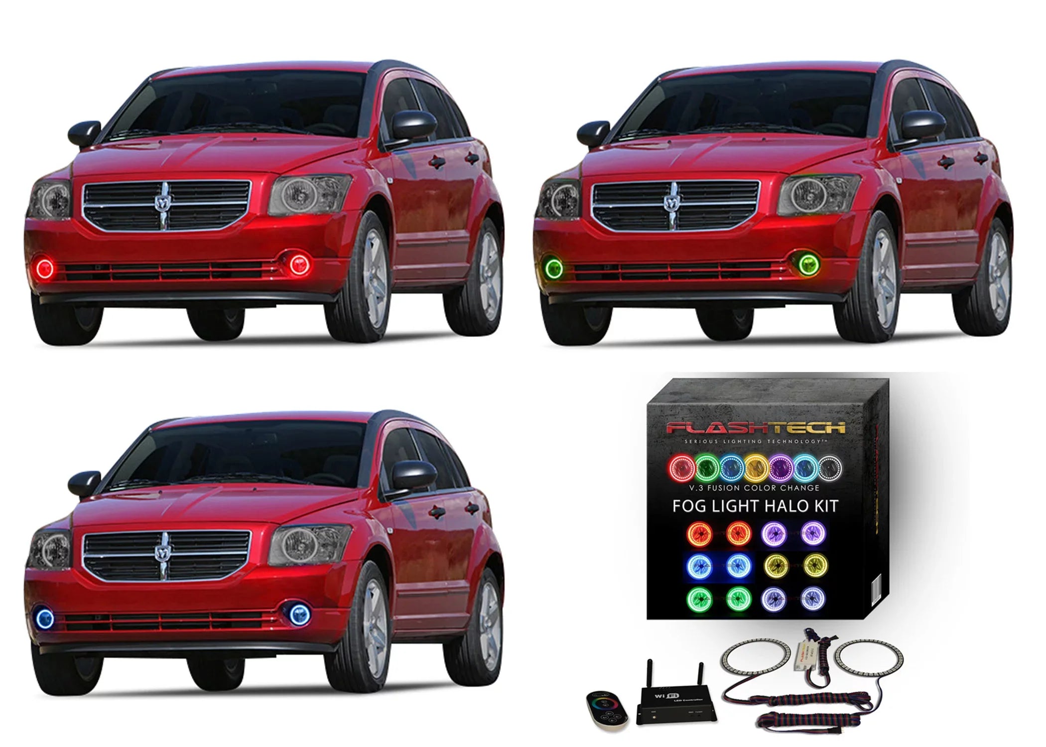 Flashtech   Multi Color Halo Ring Fog Light Kit for Dodge Caliber 07-12 with .3 Fusion Color Change Wifi Remote