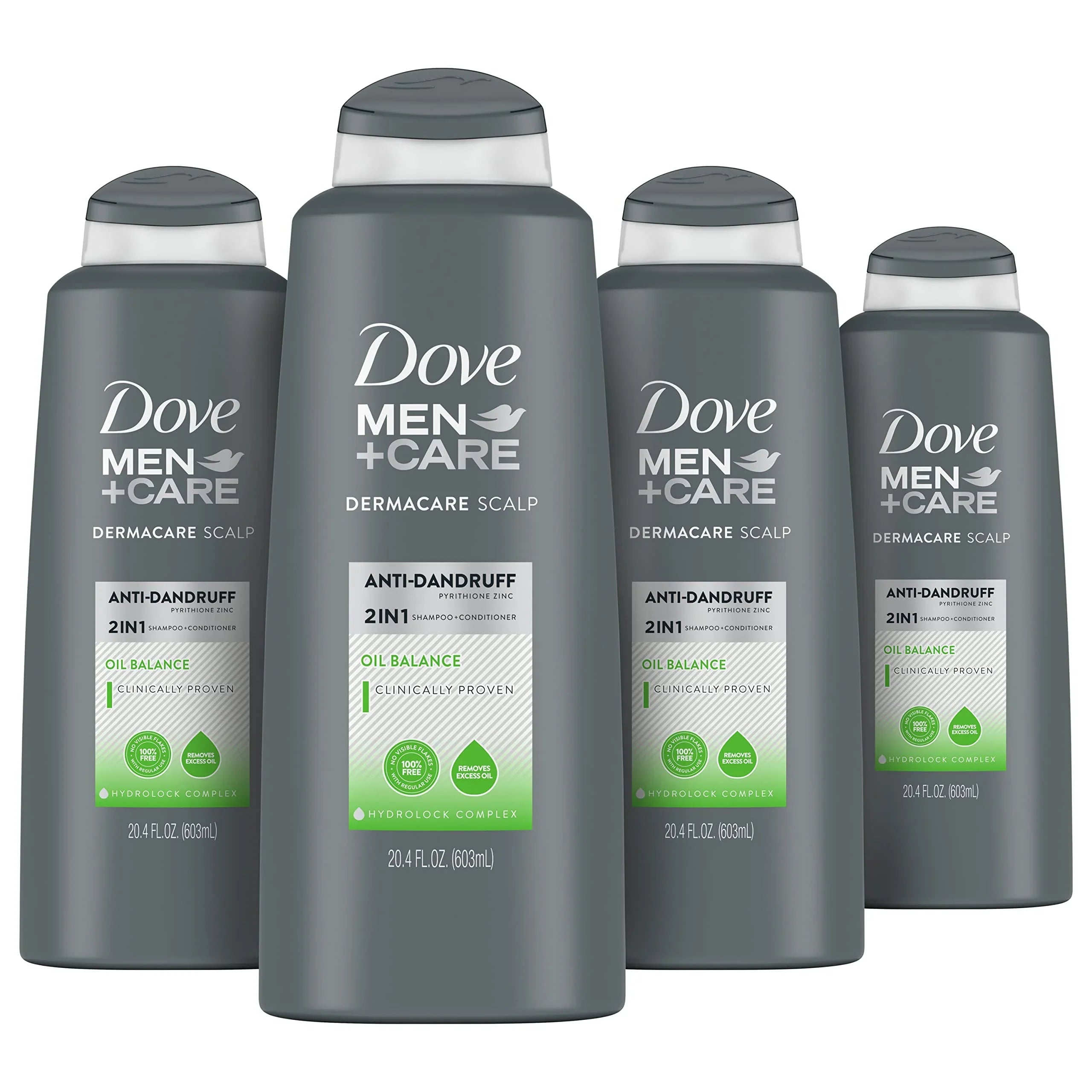 Dove Men + Care 2-In-1 Anti-Dandruff Shampoo And Conditioner Oil Balance 4 Count For Oily Hair Care With Hydrolock Complex 20.4 Oz