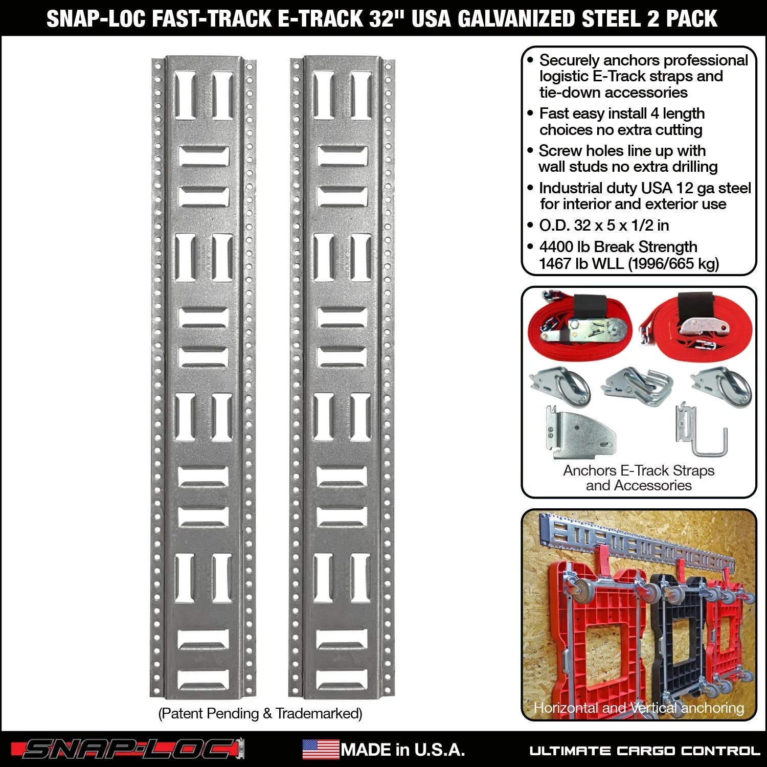 '- Fast-Track -Track 32 Inch 2-Pack  Galvanized Steel Horizontal Vertical, Logistic Tie-Down for Pickups, Trucks, Trailers