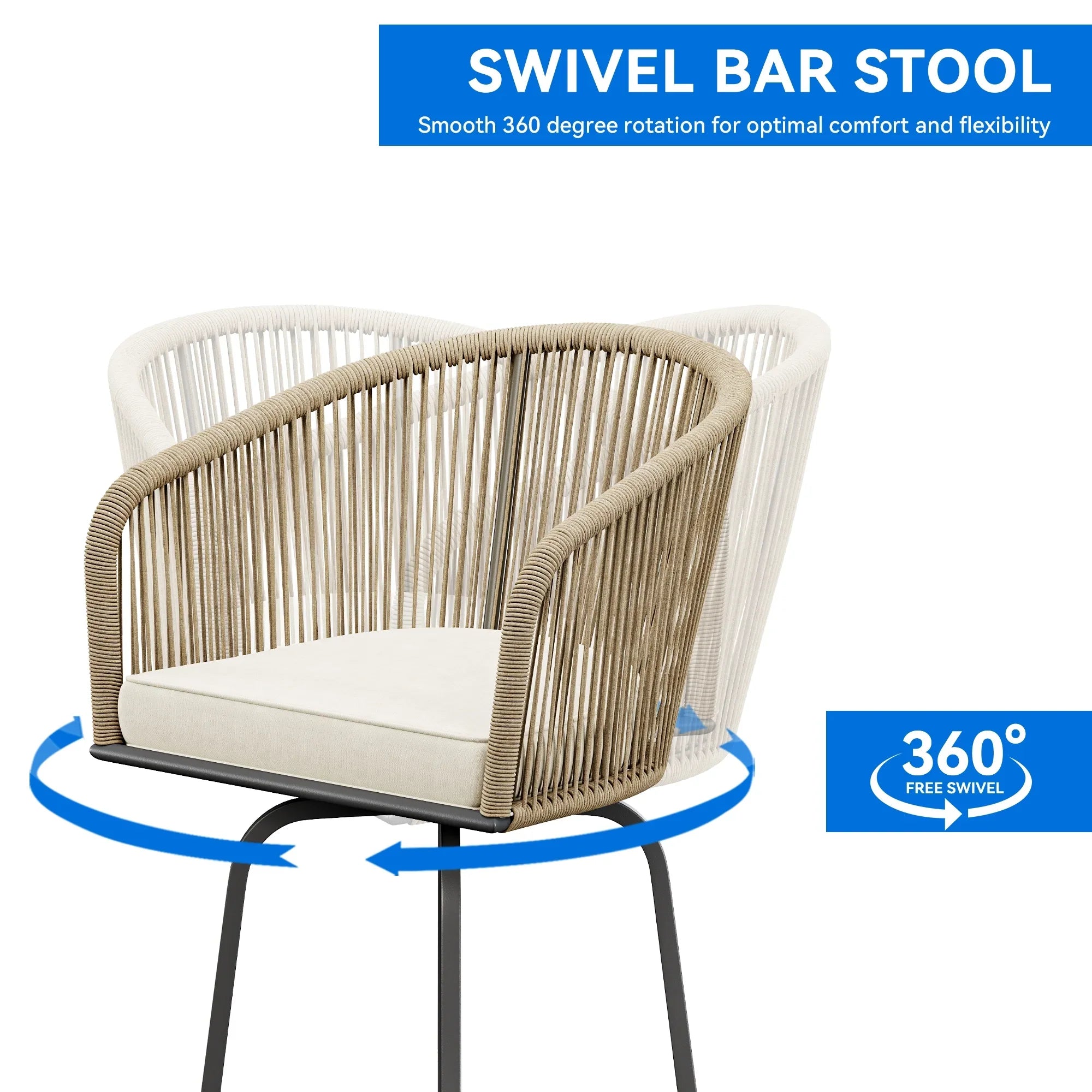 Dextrus Set of 4 Swivel Woven Patio Bar Stools, Outdoor Bar Chairs with Comfortable Back Cushions for Backyard Pool Area, Garden with 360-Degree Rotation (Light Yellow and Beige Color Scheme)
