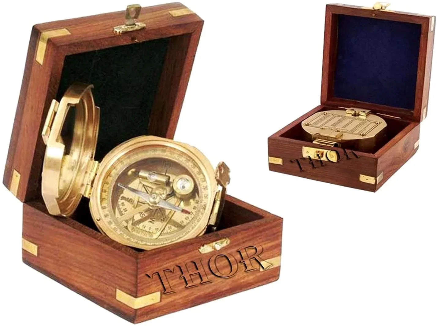 Thor Instruments Brass Natural Sine Brunton Compass With Wood Box Magnetic Direction Hiking Maritime Nautical Gift