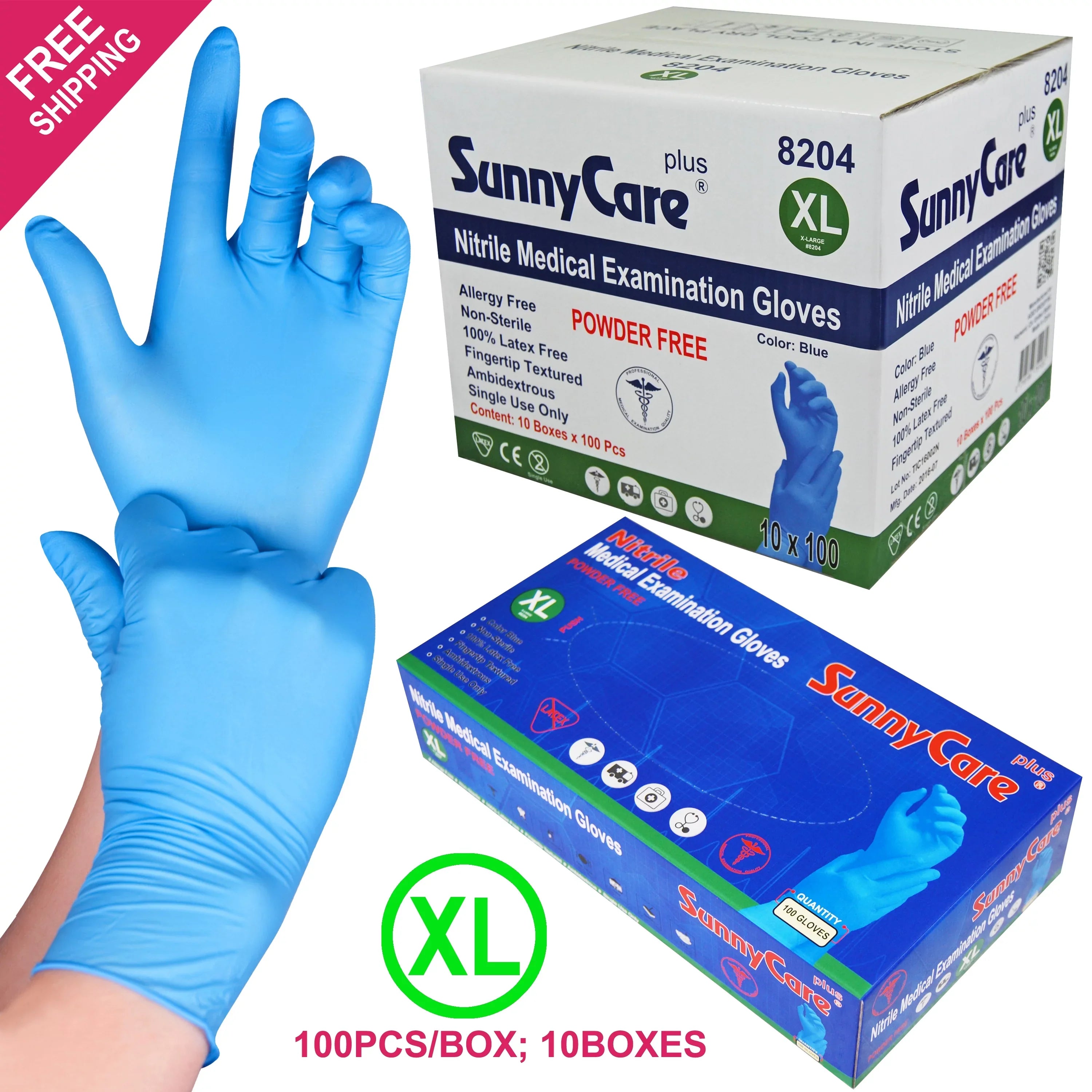 1000 SunnyCare Nitrile Medical Exam Gloves Powder Free Chemo-Rated (Non Vinyl Latex)  Size: -Large