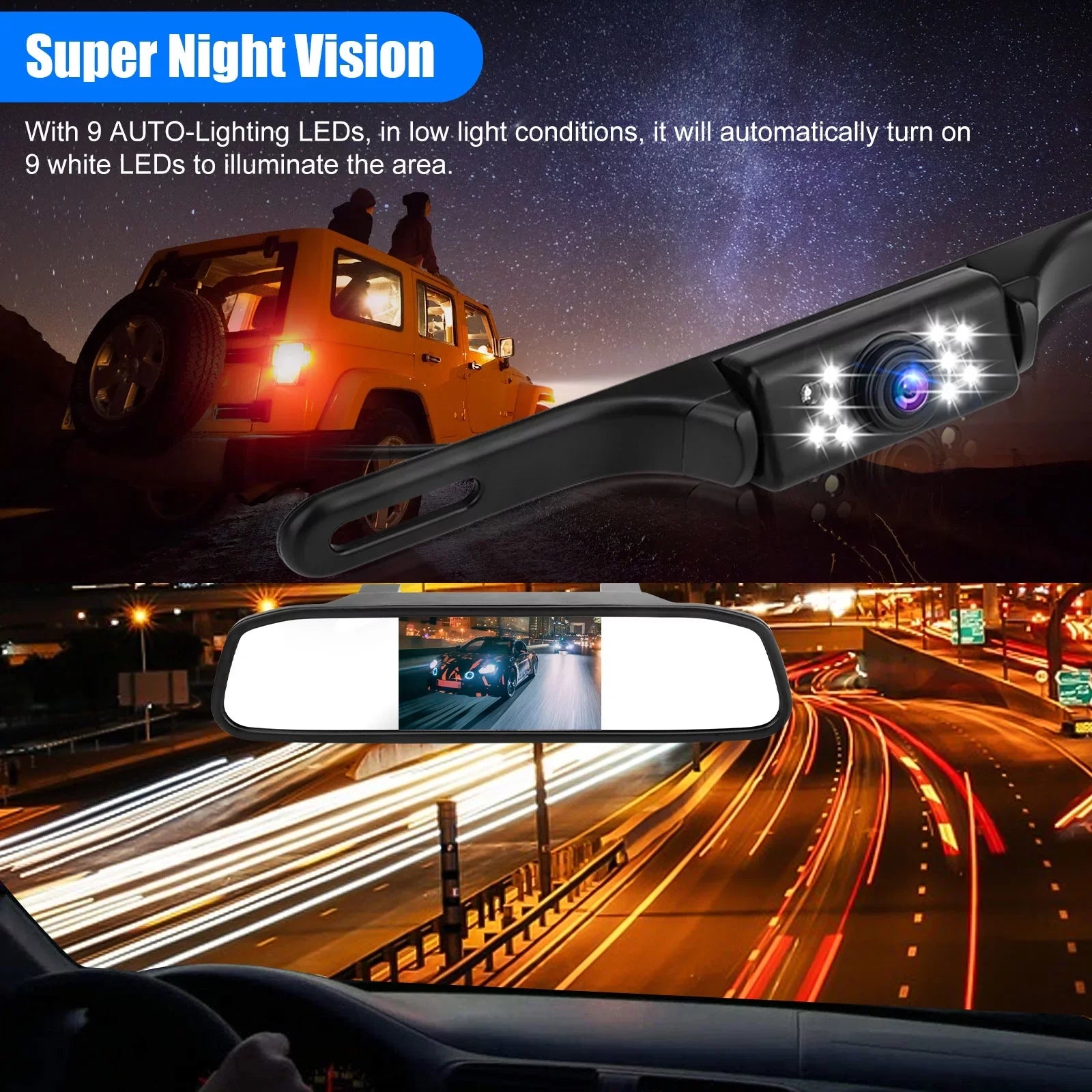 Car Rear View Mirror Camera, 5" Mirror Backup Camera, 1080P Dash Camera License Plate Rear Cam, Waterproof 150° Driving Recorder with Night Vision, -Sensor, Parking Monitor