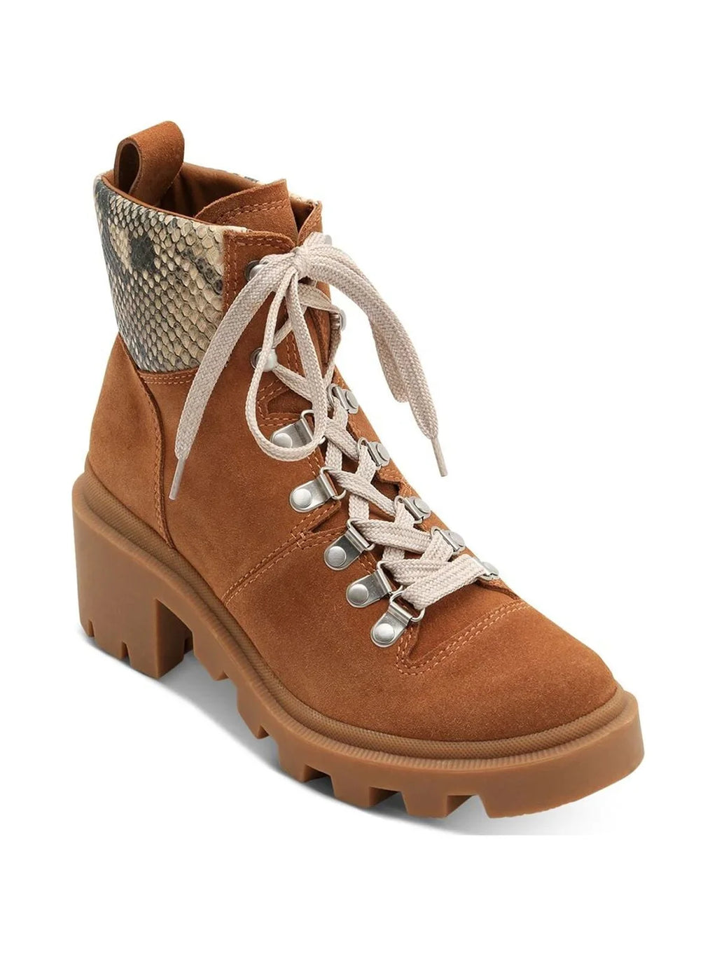 Womens Brown Snake 1" Platform Comfort Lug Sole Rubi Round Toe Block Heel Lace-Up Leather Hiking Boots 6