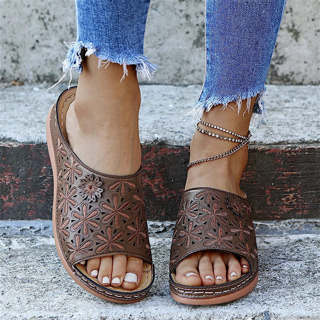 Sandals Women Fashion Floral Hollow-Out Orthopedic Flip Flops Arch Support Slippers Comfy Roman Open Toe Sandal