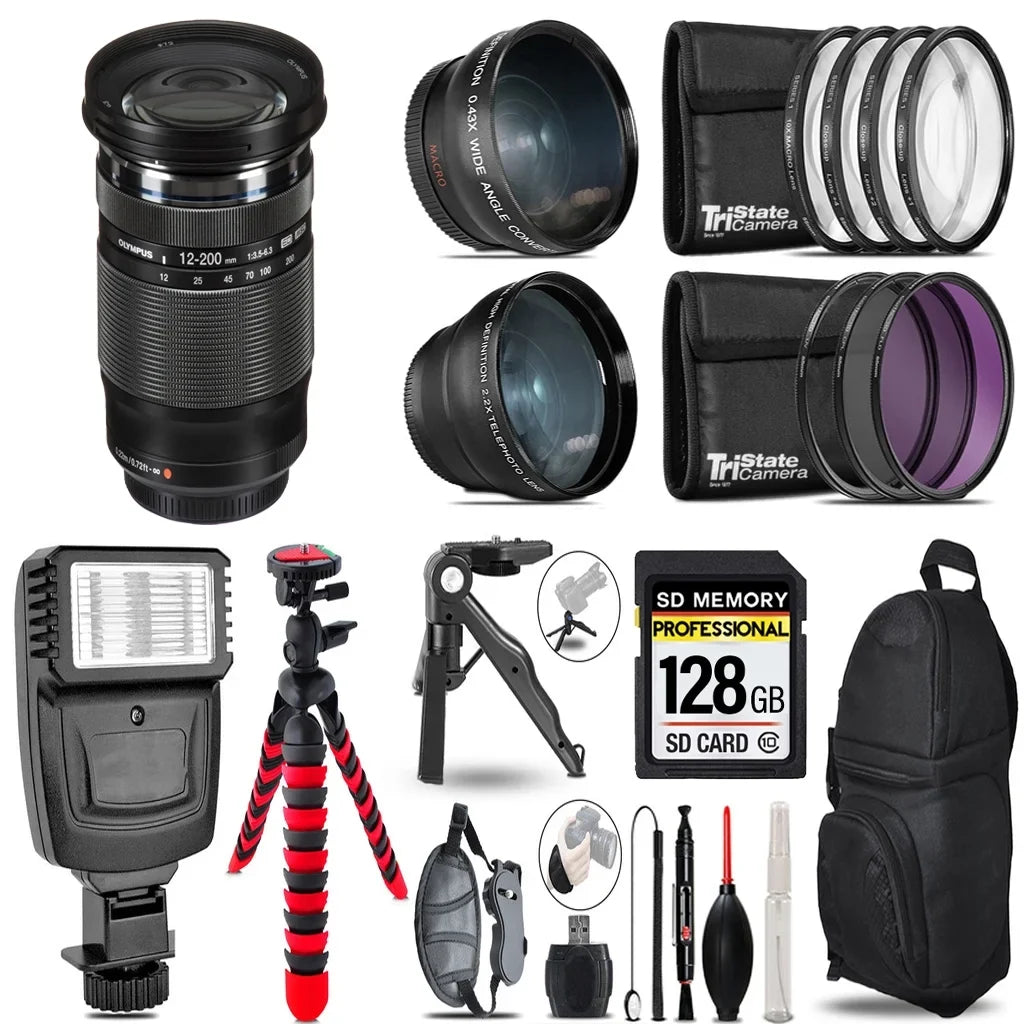 Olympus .Zuiko Digital  12-200mm f/3.5-6.3 Lens +3 Lens Kit + Slave Flash + Tripod - 128GB Accessory Bundle