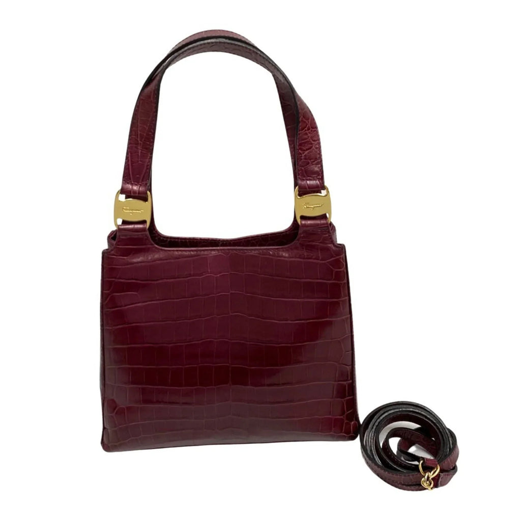 Pre-Owned Salvatore Ferragamo Logo Rose Hardware Leather 2way Handbag Shoulder Bag Wine Red (Good)