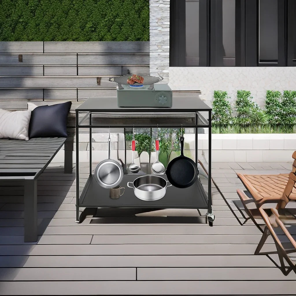 Outdoor Cook Station Table 2-Tier Shelf Food Prep  Grill Serving Cart Movable Rack