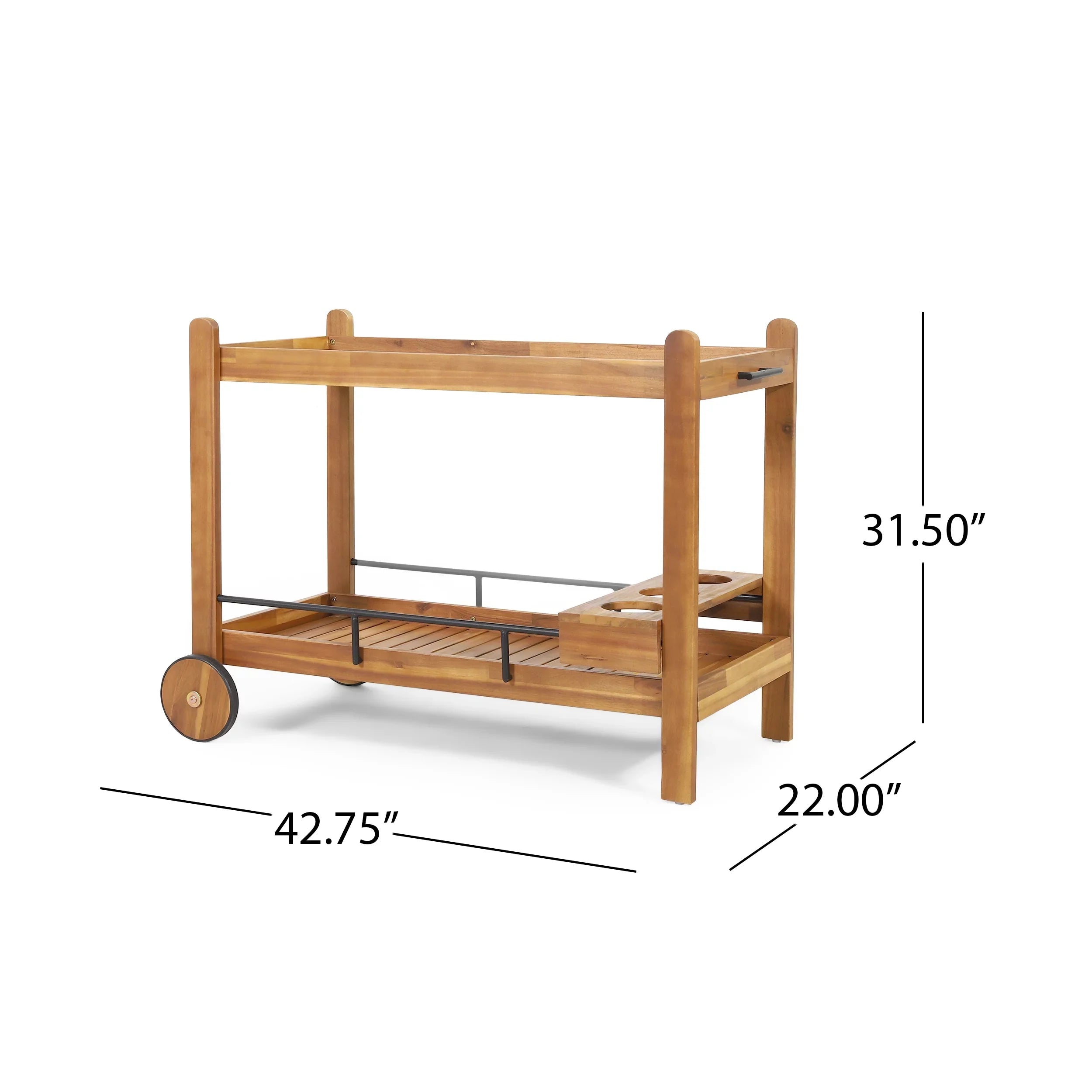 Studio Bonneau Outdoor Acacia Wood 2 Tiered Bar Cart with Bottle Holders, Teak and Black
