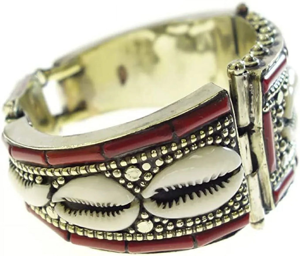 Tibetan silver, coral gemstone & shell design handmade designer cuff bracelet for women & men, tribal gypsy style oxidized silver handmade fashion cuff bracelet jewellery