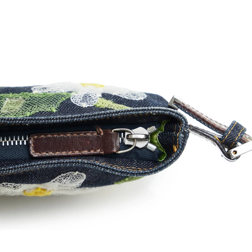 Pre-Owned Authenticated Fendi Embroidered Baguette Denim Fabric Blue Crossbody Bag Unisex (Fair)