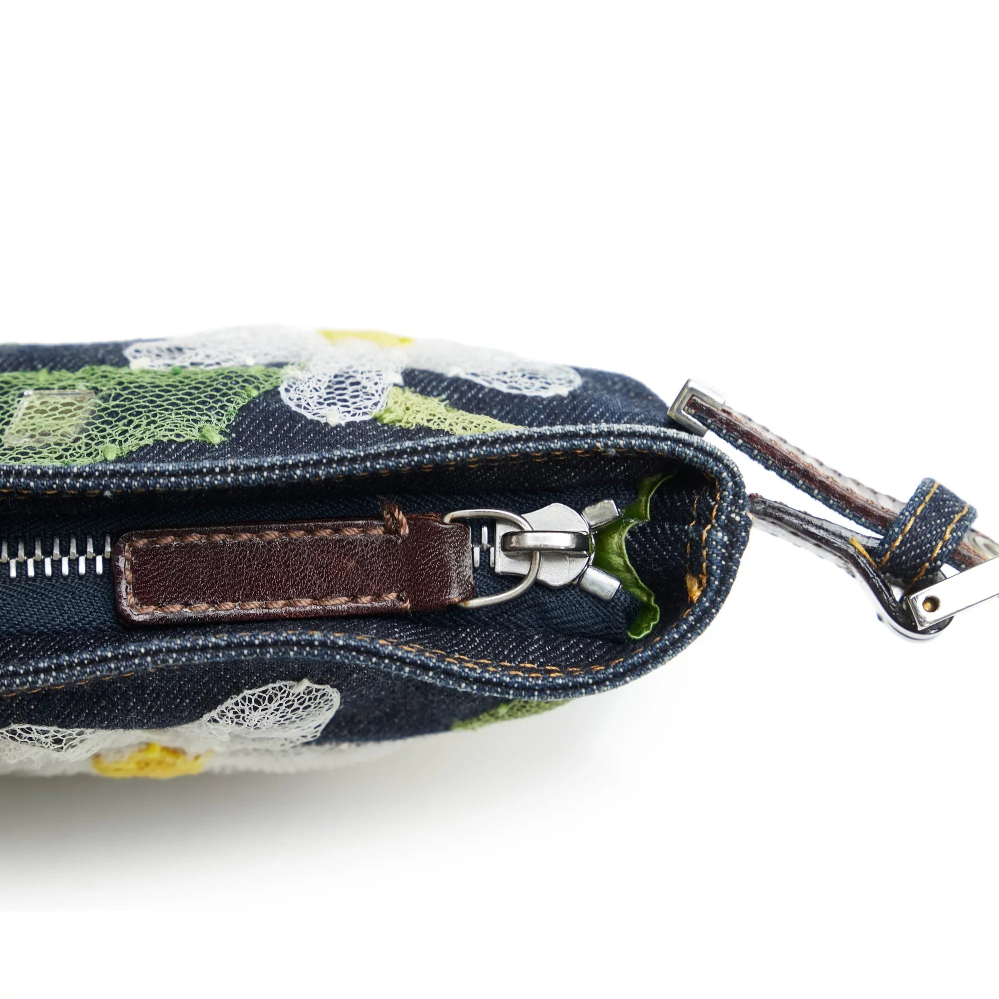 Pre-Owned Authenticated Fendi Embroidered Baguette Denim Fabric Blue Crossbody Bag Unisex (Fair)