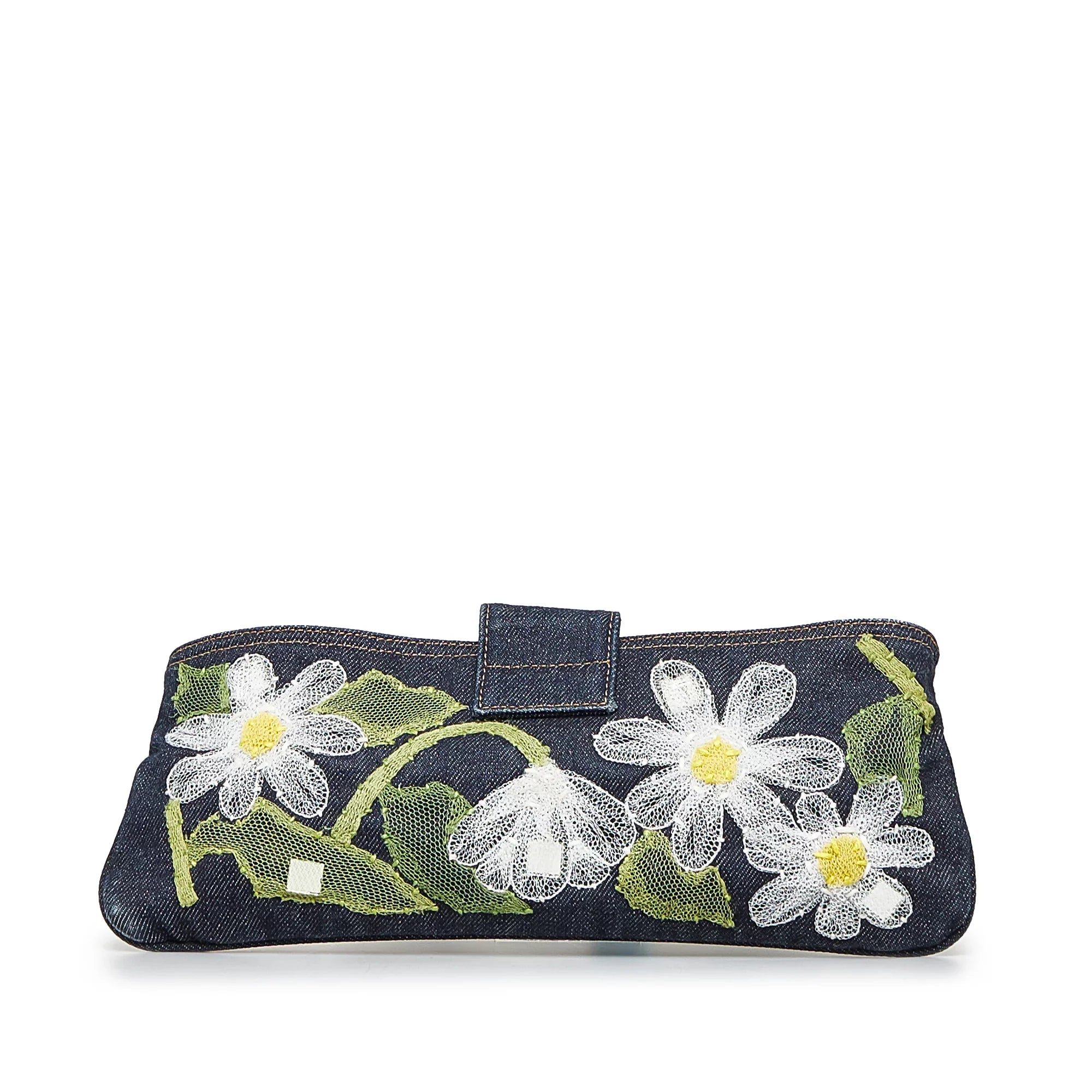 Pre-Owned Authenticated Fendi Embroidered Baguette Denim Fabric Blue Crossbody Bag Unisex (Fair)