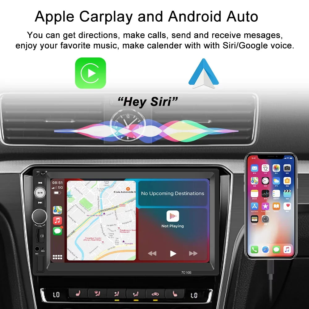 Podofo Double 2 Din 7'' Universal Car Stereo Radio Apple Carplay Android Auto Mirror Link  Touch Screen Car Audio Multimedia Player   Bluetooth  , with Backup Camera