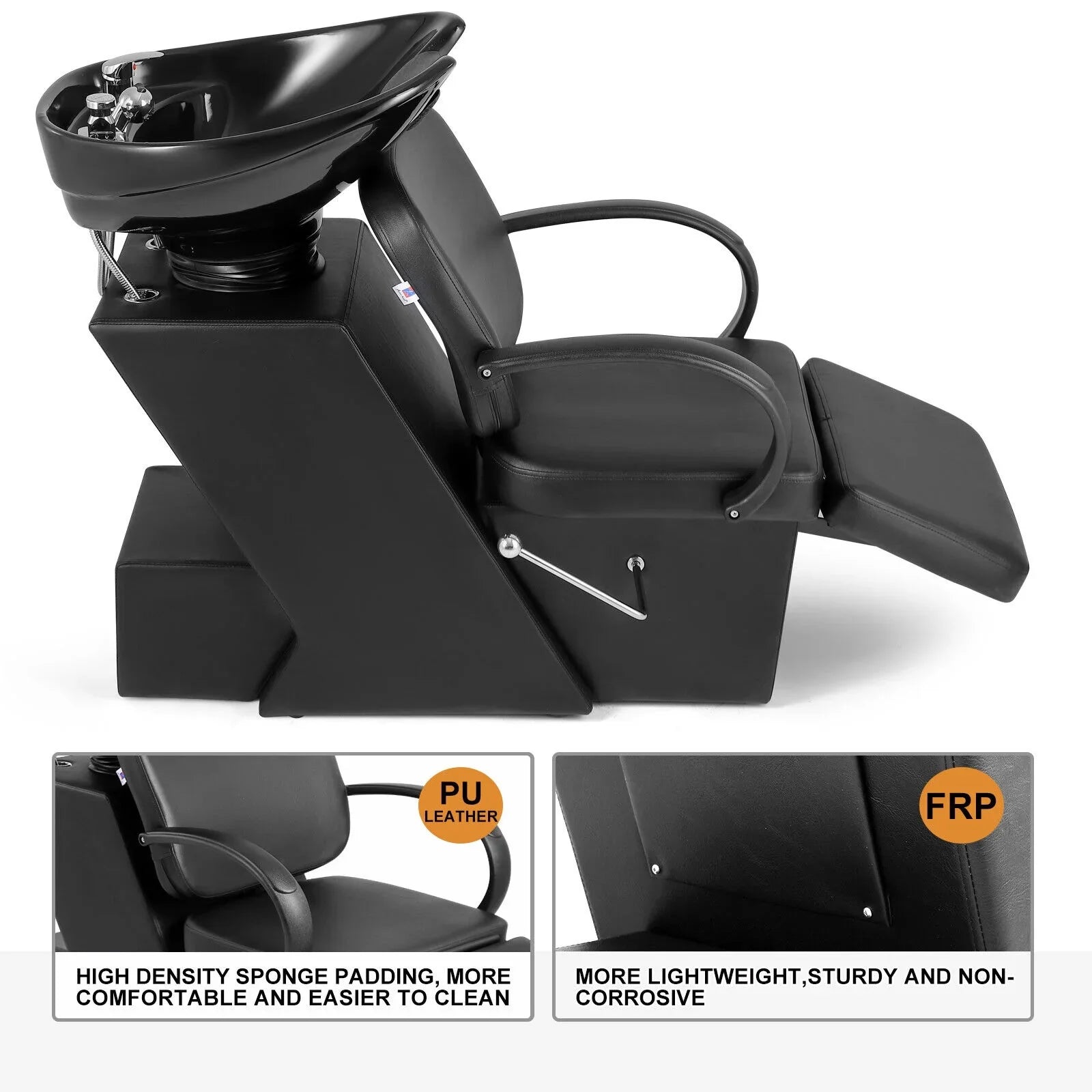 Artist Hand Black Shampoo Bowl and Chair Backwash Sink Salon Spa Beauty Tattoo with Adjustable Ceramic Bowl, Footrest