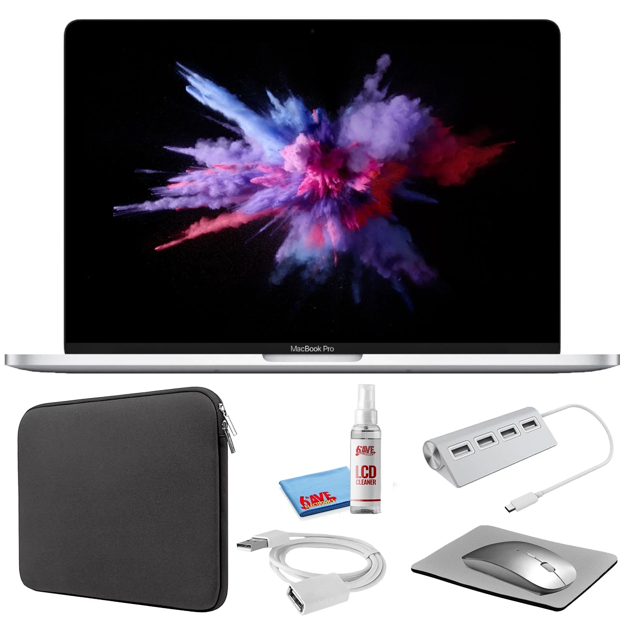Apple MacBook Pro 13-inch (i5 1.4GHz, 128GB ) (Mid 2019, /) - Silver Bundle with Black Zipper Sleeve + Laptop Starter Kit + Cleaning Kit (Refurbished)