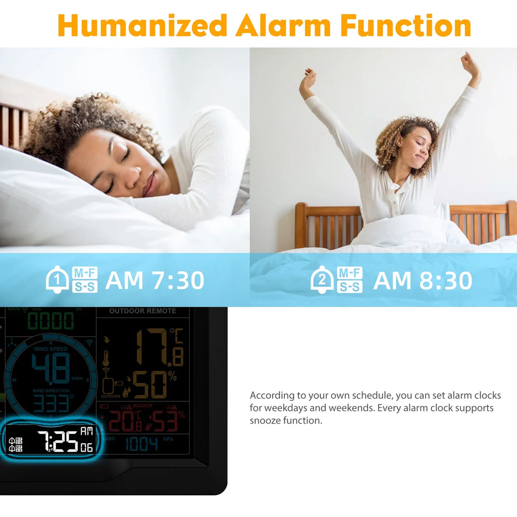 Suzicca Wireless Weather Station Indoor Hygrometer Thermometer Temperature Backlit Humidity Display  Digital Weather Forecast Station Clock Alarm Clock with Sensor  Port