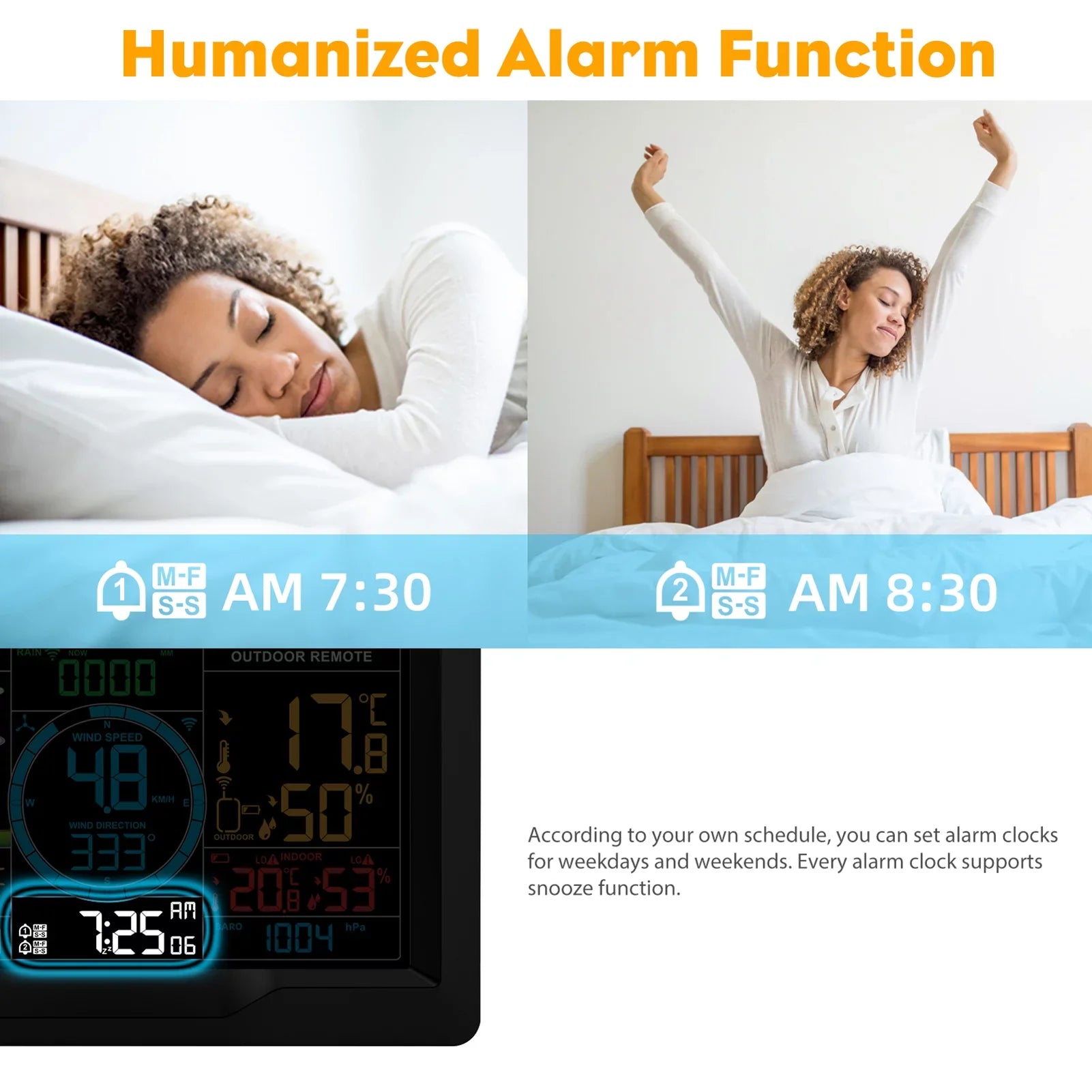 Suzicca Wireless Weather Station Indoor Hygrometer Thermometer Temperature Backlit Humidity Display  Digital Weather Forecast Station Clock Alarm Clock with Sensor  Port