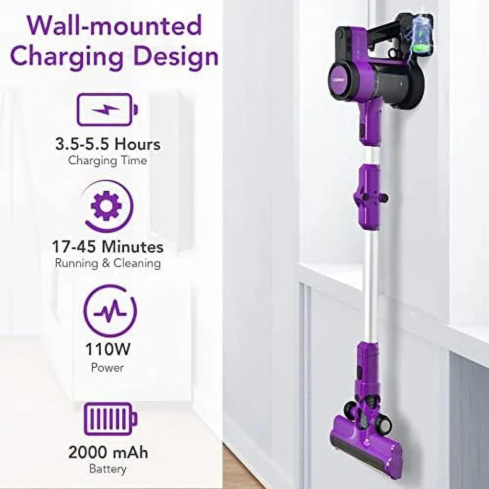 Cordless Vacuum Cleaner, 3-In-1 Handheld Stick Vacuum With 45-Minute Runtime & 2000Mah Rechargeable Battery, Wall-Mounted Lightweight Vacuum For Car, Pet Hair, Hard Floor & Carpet (Purple)