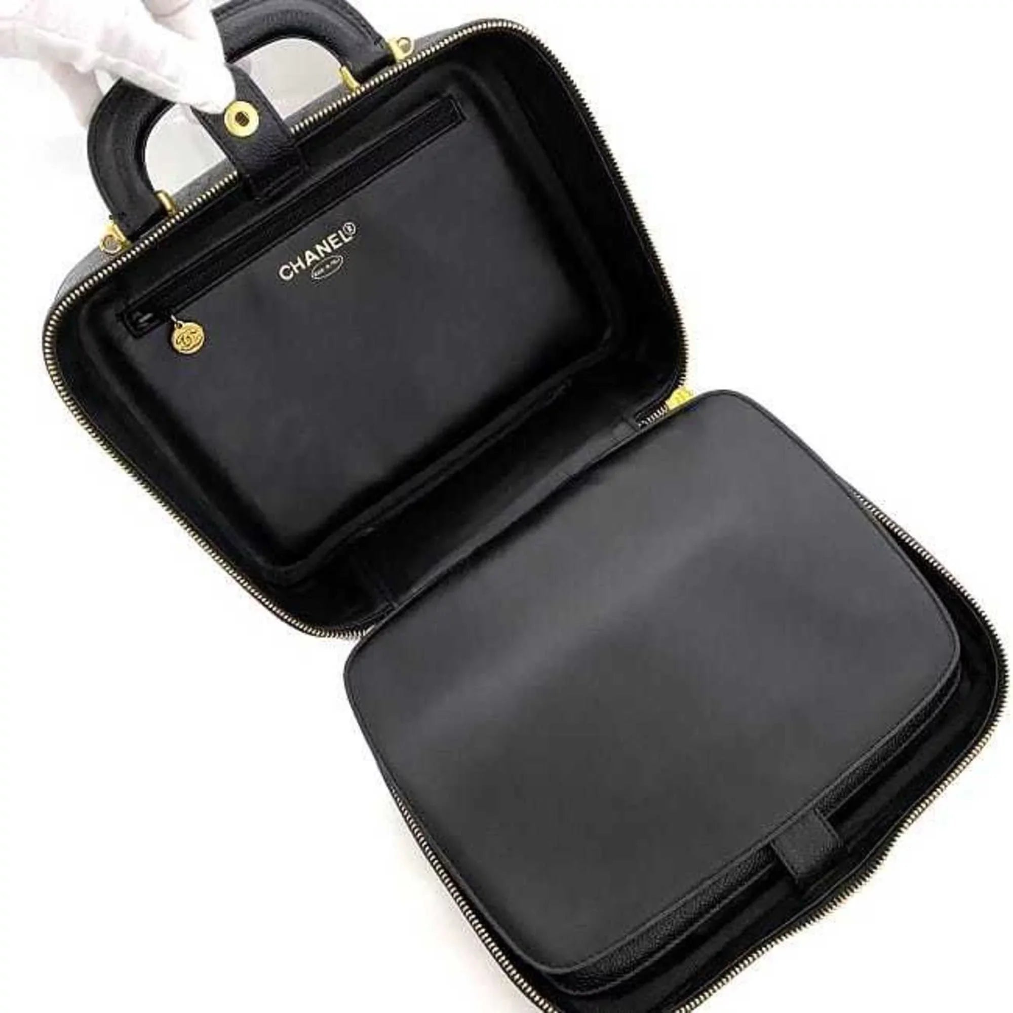 Pre-Owned Chanel Handbag Vanity Bag Black Gold Cocomark  Leather  Caviar Skin 4th  Stitch (Good)