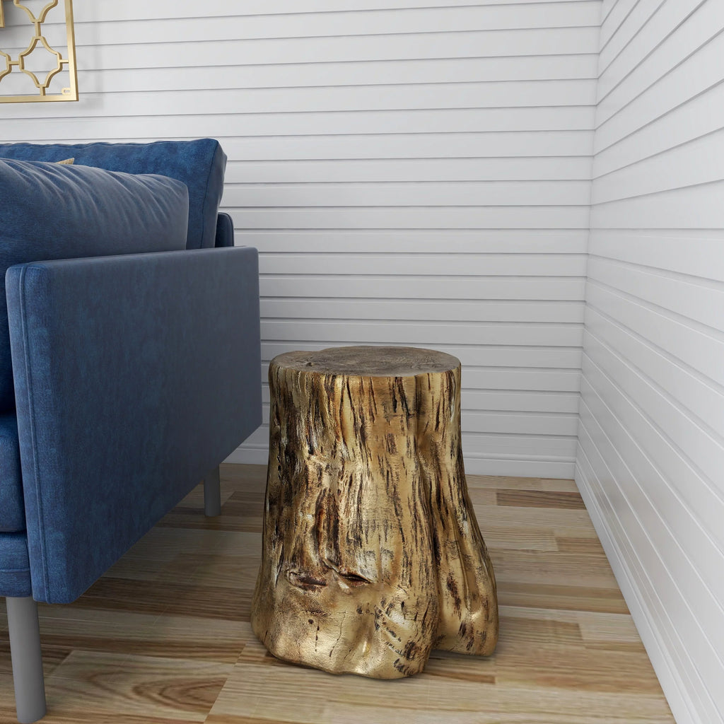 DecMode Eclectic Gold Chopped Tree Log Inspired Accent Table, 18" x 19" with Gold Carved Wood Grain Finish