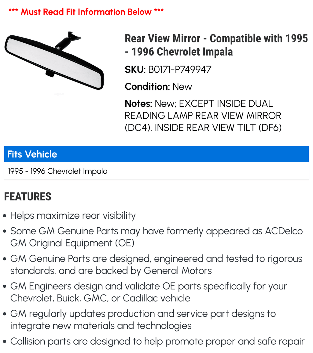 Rear View Mirror - Compatible with 1995 - 1996 Chevy Impala