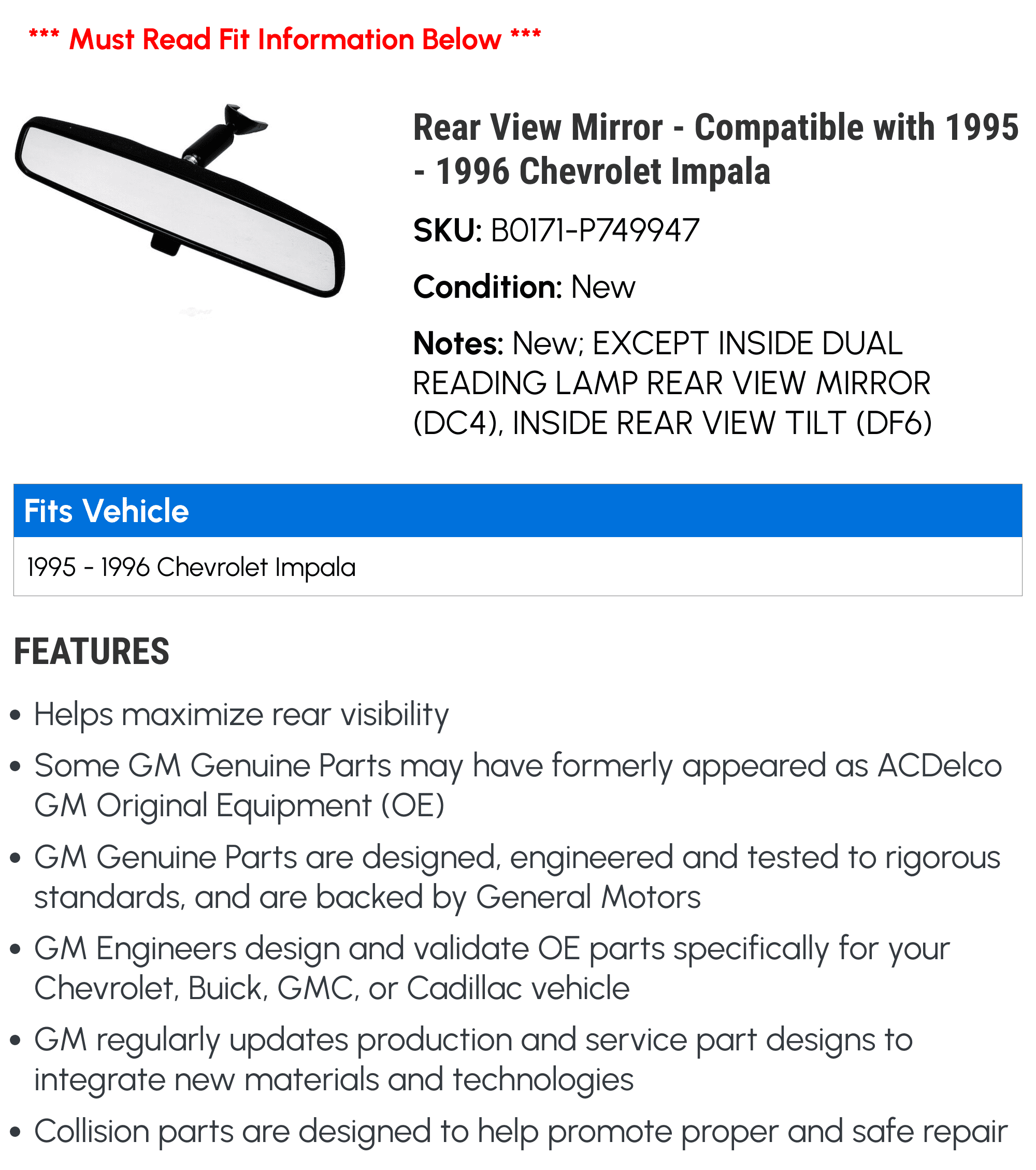 Rear View Mirror - Compatible with 1995 - 1996 Chevy Impala