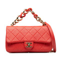 Pre-Owned Authenticated Chanel Small Lambskin Elegant Chain Single Flap Leather Red Satchel Unisex (Good)
