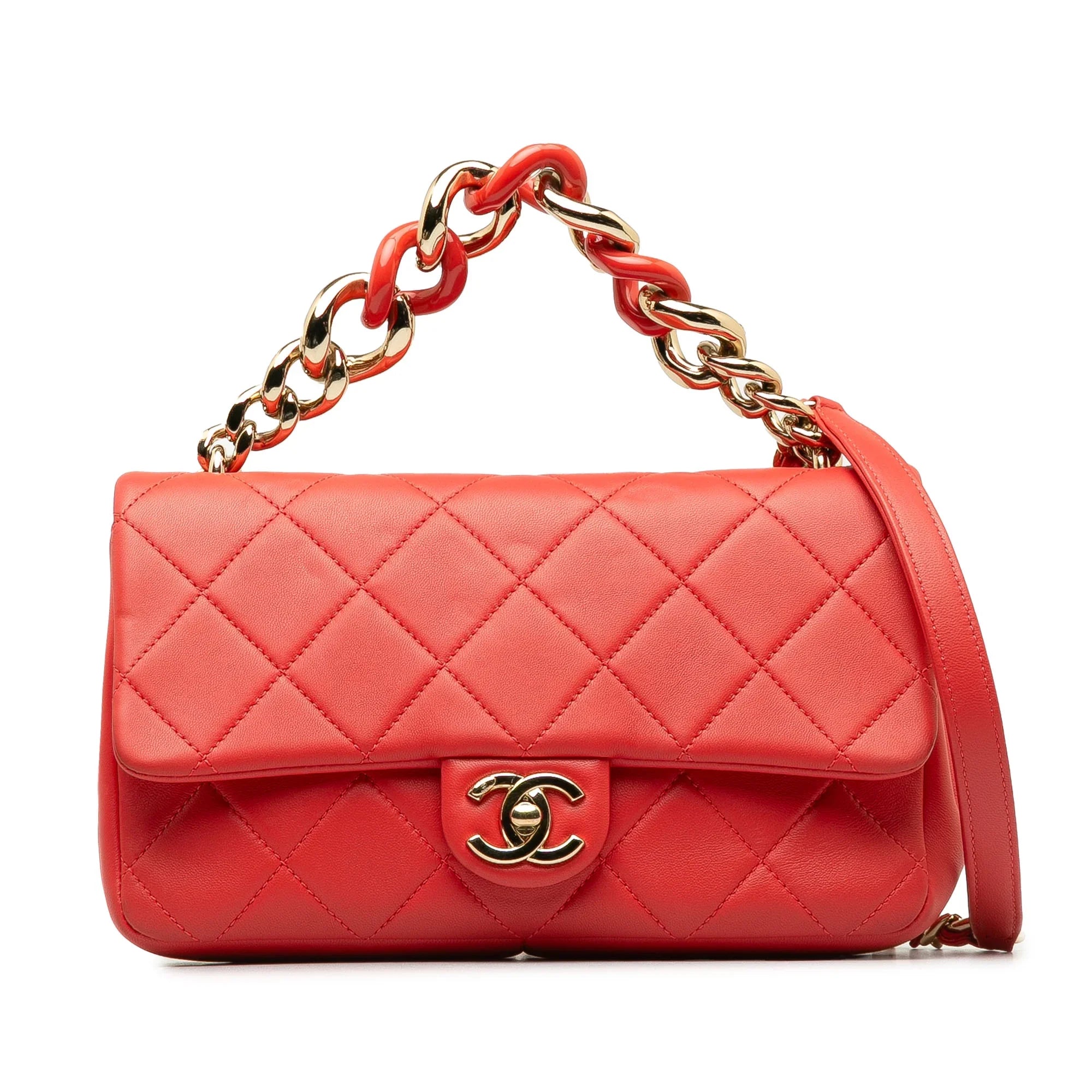 Pre-Owned Authenticated Chanel Small Lambskin Elegant Chain Single Flap Leather Red Satchel Unisex (Good)