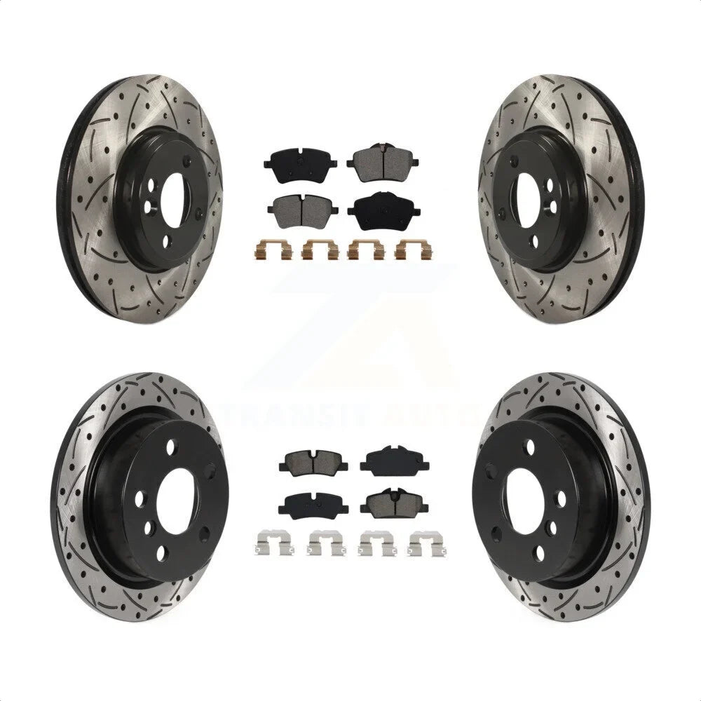 Transit Auto - Front Rear Coated Drilled Slotted Disc Brake Rotors And Semi-Metallic Pads Kit For 2015 Mini Cooper 2.0L 1.5L With 294mm Diameter Rotor -100738