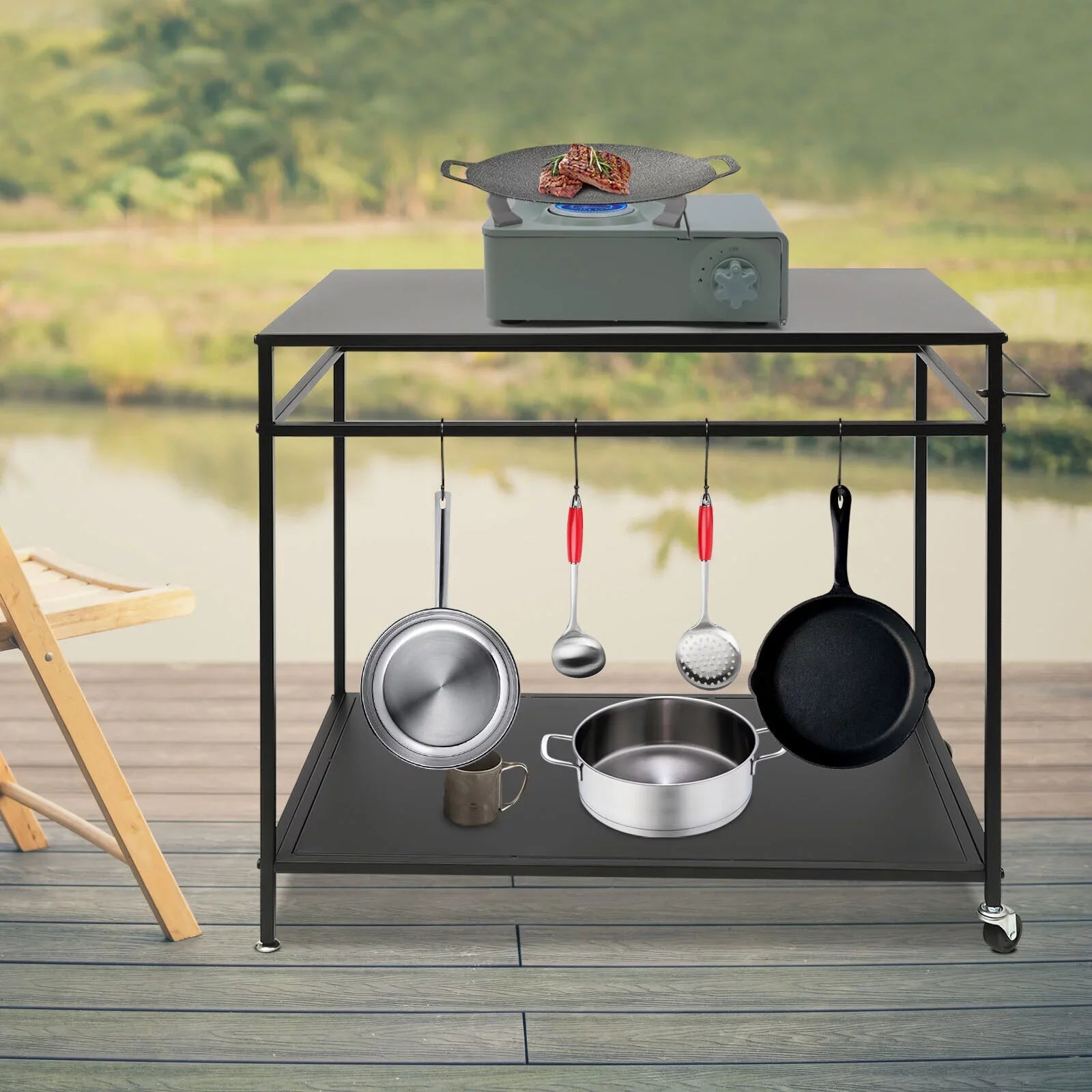 Outdoor Cook Station Table 2-Tier Shelf Food Prep  Grill Serving Cart Movable Rack