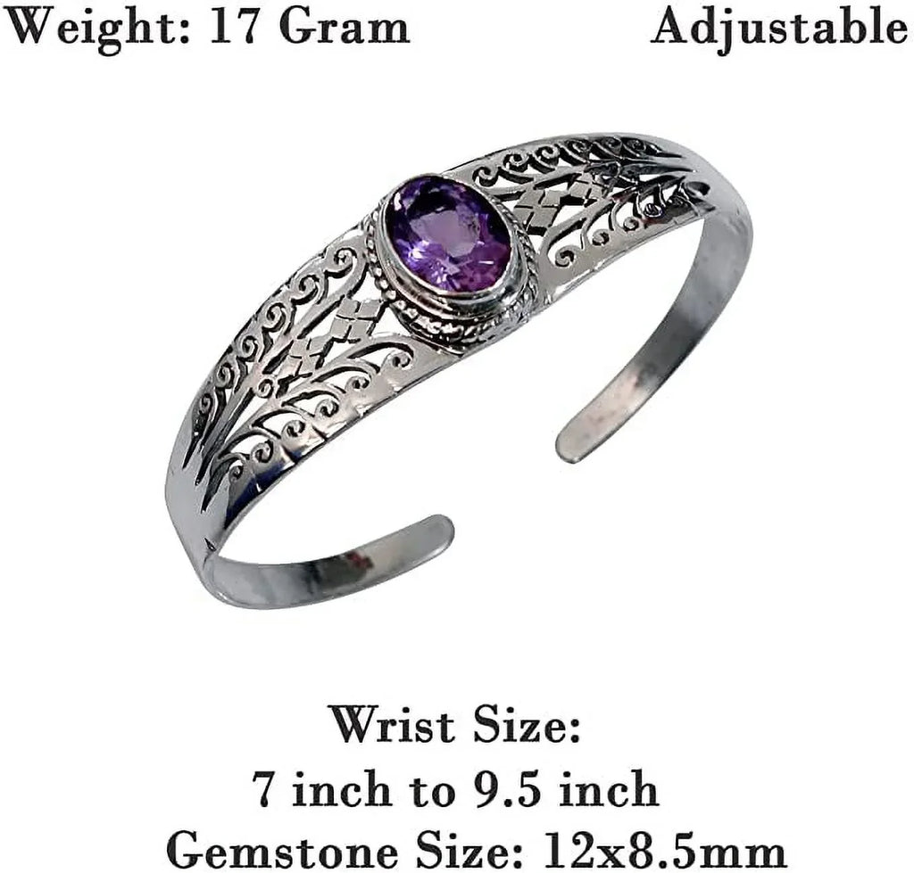 Genuine Purple Amethyst Gemstone Handmade Cuff Bracelet for Men Women, Genuine 925 Sterling Silver Fashion Bracelets, Adjustable Designer Jewelry for Gifts