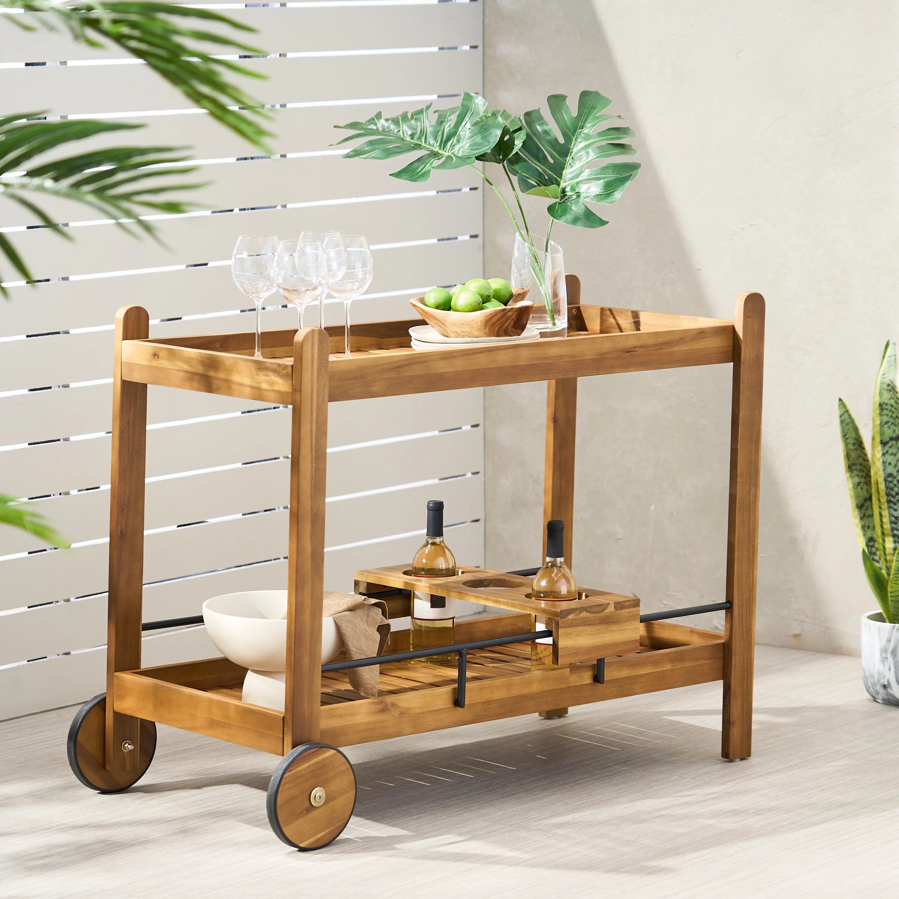 Studio Bonneau Outdoor Acacia Wood 2 Tiered Bar Cart with Bottle Holders, Teak and Black