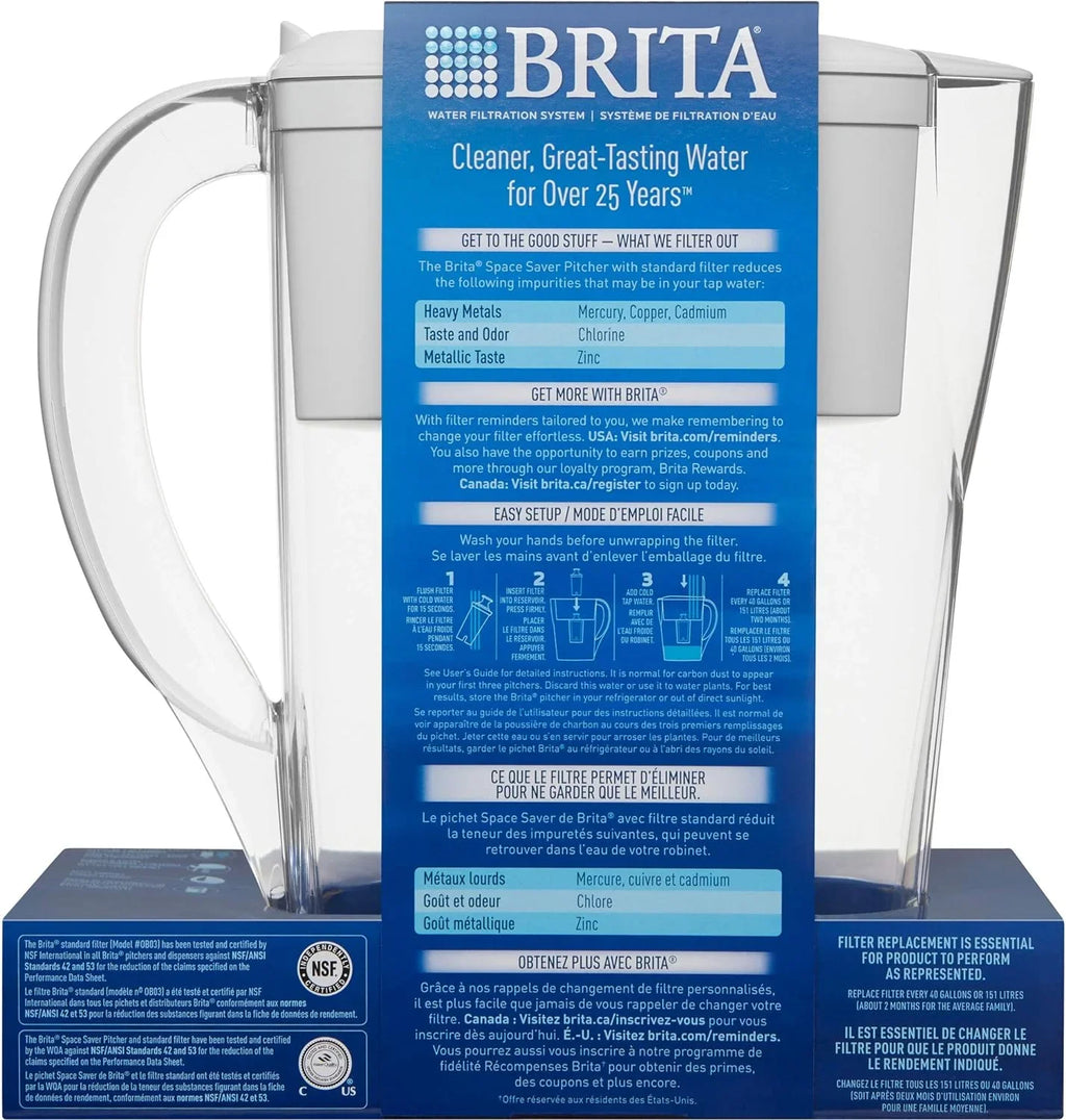 Brita Space Saver Water Filter Pitcher with 1 Replacement Filter, White, 6 Cup Capacity