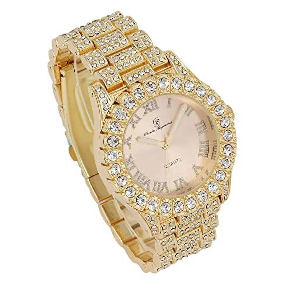 Women's Big Rocks Bezel Colored Dial with Roman Numerals Fully Iced Out Watch w/Matching Bling'ed Out Tennis Bracelet -  ( Gold - Blush)
