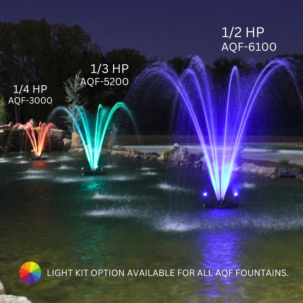 1/4  Floating Fountain | 100 foot Cord | 9 Patterns | Color-Changing Lights | Control Box | Surface Aeration for Ponds