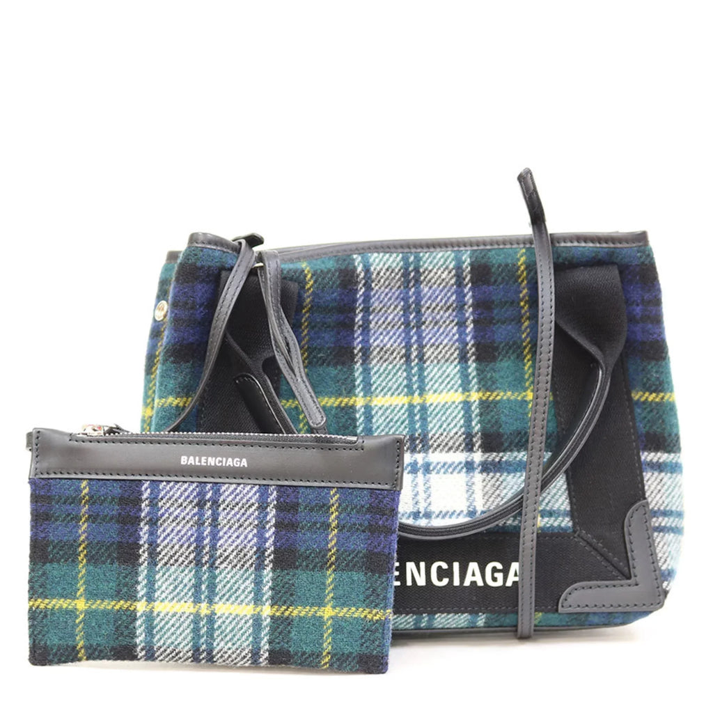 Pre-Owned Balenciaga Handbag Navy Cabas Plaid Small Green Women's Men's (Fair)