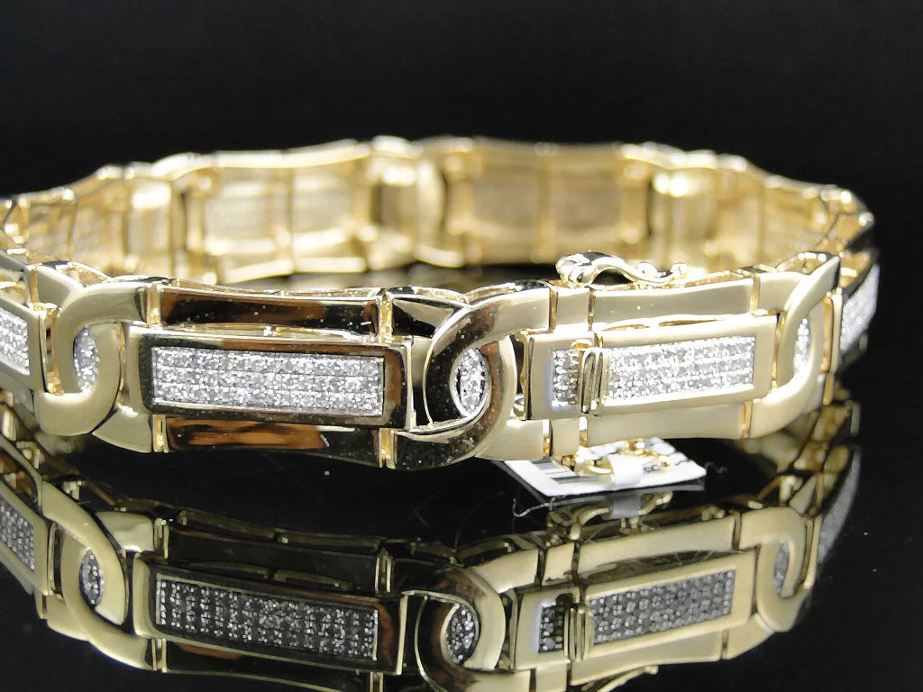 Mens Pave Set 14K Yellow Gold Round Cut Genuine Diamond 8.5 Inch Bracelet 3 Ct