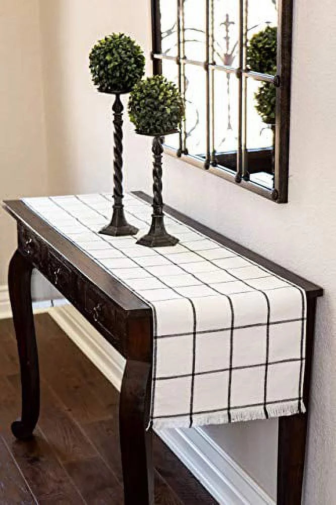 Sticky Toffee Table Runner Cotton Farmhouse Plaid 14 in x 72 in, Table Décor for Kitchen or Dining, Cream Cloth Woven Table Runners