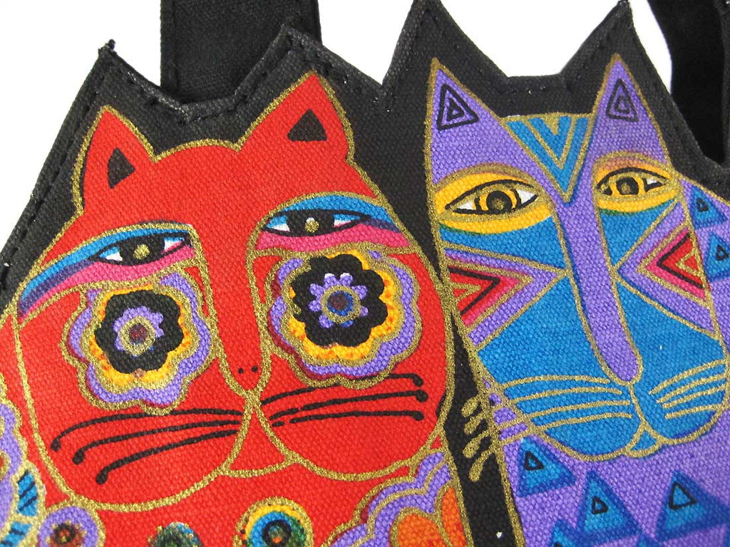 Laurel Burch Medium Tote Zipper Top 12".5".5"-Tres Gatos - Red, Orange & Blue