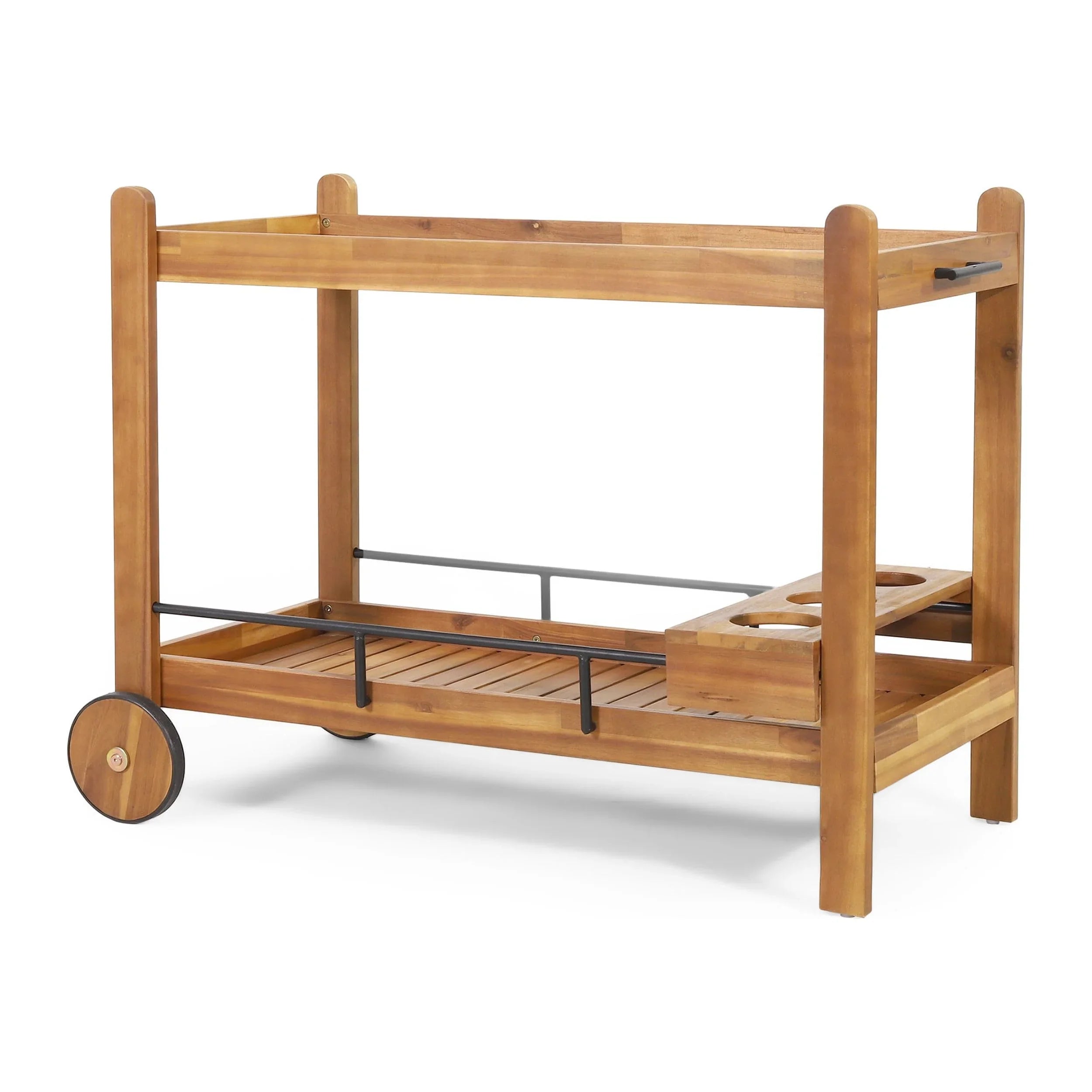 Studio Bonneau Outdoor Acacia Wood 2 Tiered Bar Cart with Bottle Holders, Teak and Black