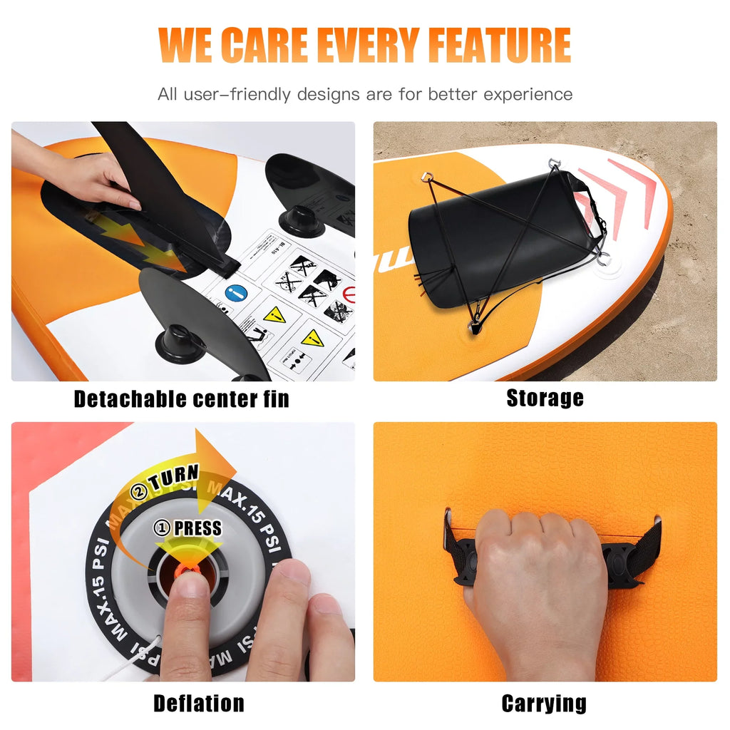 Famistar 10' Inflatable Stand Up Paddle Board (6"Thick) with / 3 Pins | Wide Stance, Bottom Fin for Paddling, Surf Control, Non-Slip Deck |Youth & Adult Standing Boat-Orange