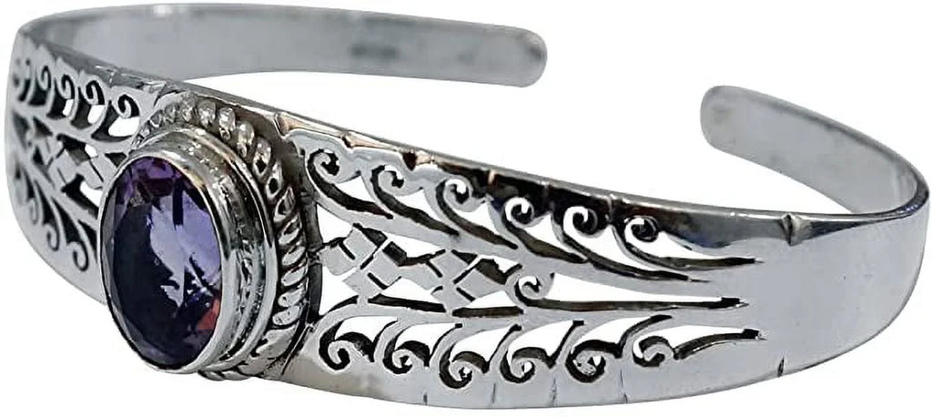 Genuine Purple Amethyst Gemstone Handmade Cuff Bracelet for Men Women, Genuine 925 Sterling Silver Fashion Bracelets, Adjustable Designer Jewelry for Gifts