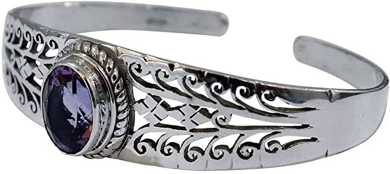 Genuine Purple Amethyst Gemstone Handmade Cuff Bracelet for Men Women, Genuine 925 Sterling Silver Fashion Bracelets, Adjustable Designer Jewelry for Gifts