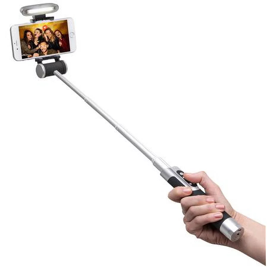 Smart Light Selfie Stick with Rechargeable Battery, Silver Black