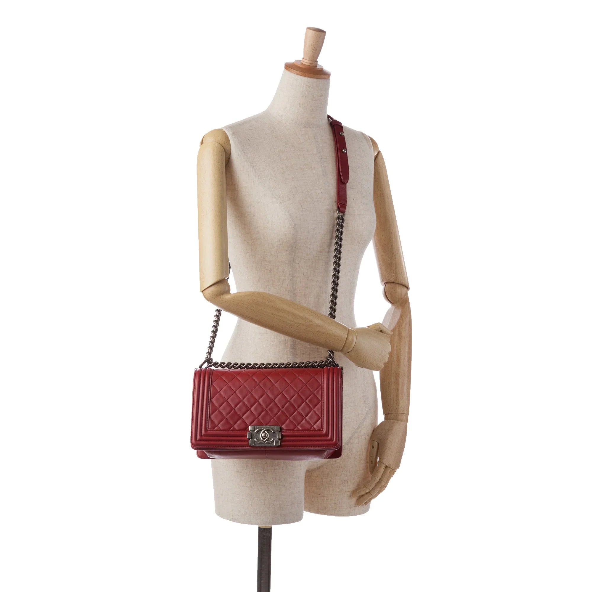 Pre-Owned Authenticated Chanel Medium Lambskin Boy Flap Bag Leather Red Crossbody Bag Unisex (Good)