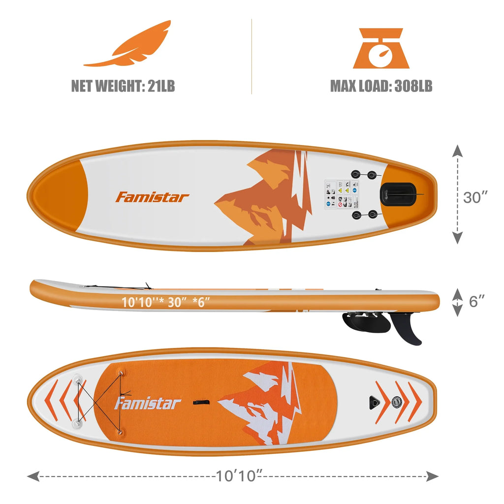 Famistar 10' Inflatable Stand Up Paddle Board (6"Thick) with / 3 Pins | Wide Stance, Bottom Fin for Paddling, Surf Control, Non-Slip Deck |Youth & Adult Standing Boat-Orange