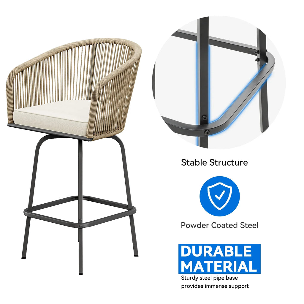 Dextrus Set of 4 Swivel Woven Patio Bar Stools, Outdoor Bar Chairs with Comfortable Back Cushions for Backyard Pool Area, Garden with 360-Degree Rotation (Light Yellow and Beige Color Scheme)